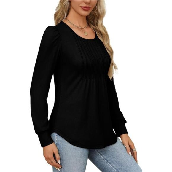 Women’s Pleated Scoop Neck Tunic - Long Sleeve Fall Blouses for Leggings, Black - Picture 4 of 6